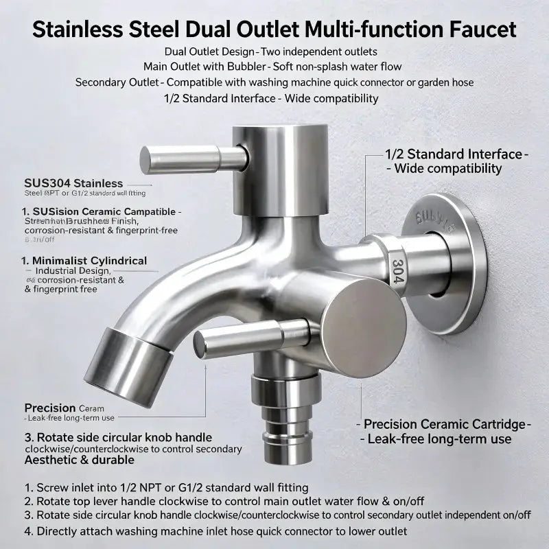 Simples Market stainless steel dual-outlet faucet with two independent spouts for laundry sink and washing machine