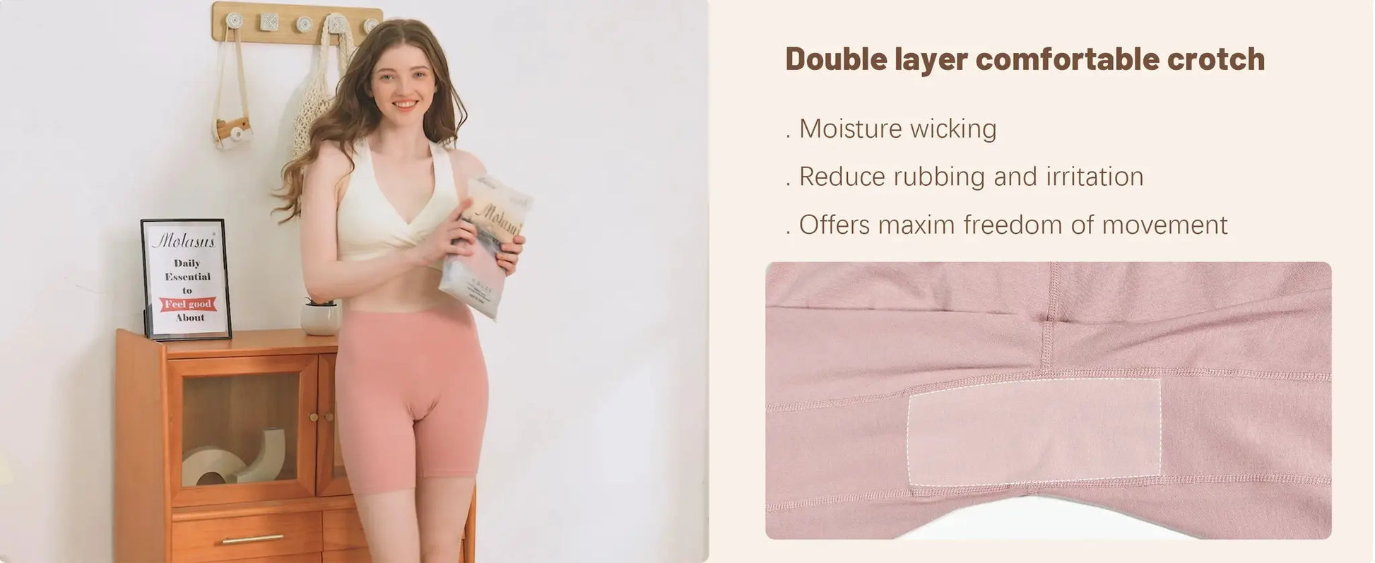 Molasus women's high-waisted cotton biker shorts in peach worn by model; Molasus sign visible.