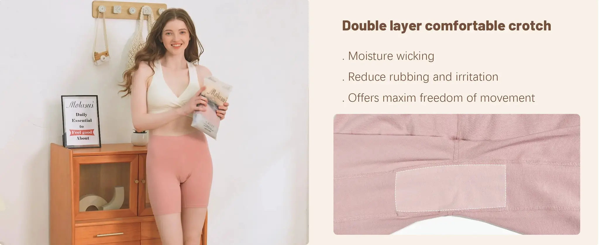 Molasus women's high-waisted cotton biker shorts in peach worn by model; Molasus sign visible.