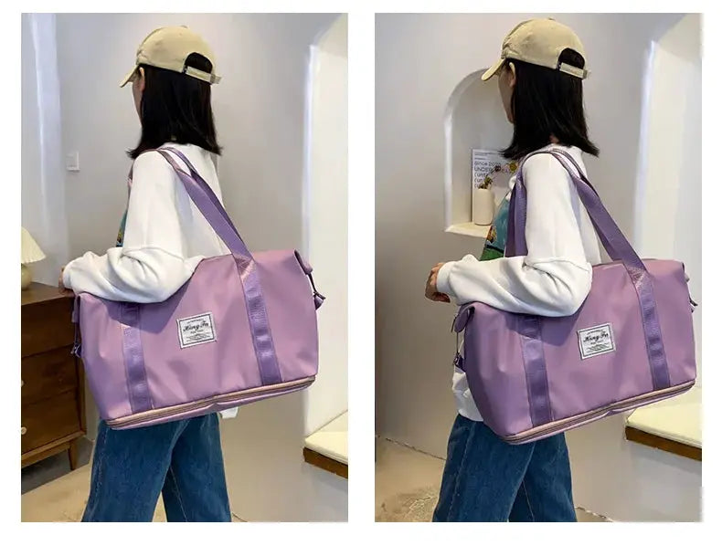 UNIXINU carry-on duffle bag in lavender nylon with purple straps; large-capacity travel tote with Simples Market patch.