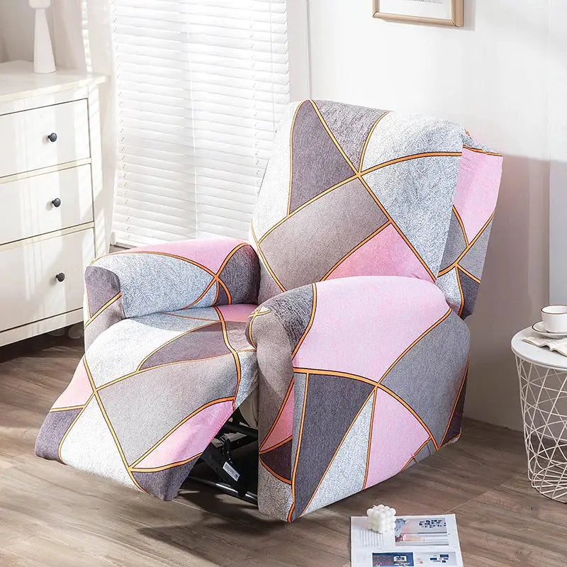 Stretch recliner chair cover in pink, gray, and beige geometric pattern with orange lines.