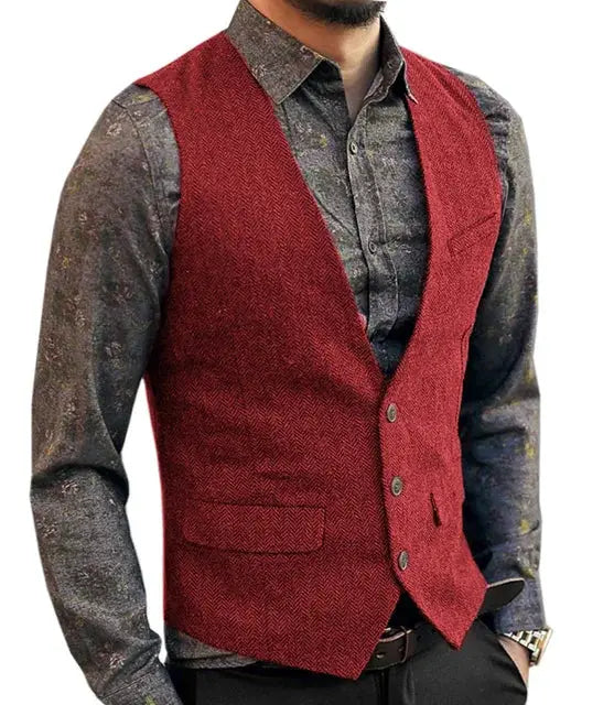 Red herringbone deep-V waistcoat for men, slim-fit formal vest for wedding