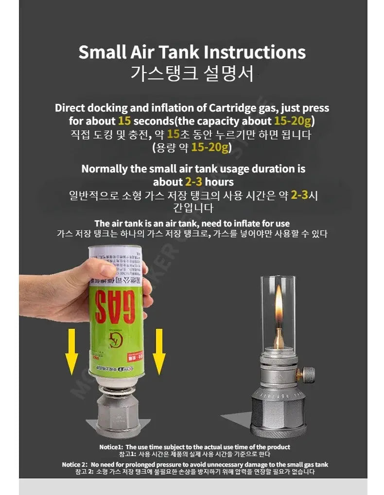MOUNTAINHIKER outdoor gas light set by Simples Market, two-piece with retro lantern and green gas canister