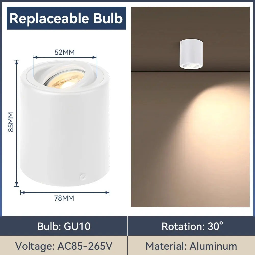 GU10 LED downlight bulb, white aluminum cylindrical housing, AC85-265V, 30° adjustable rotation