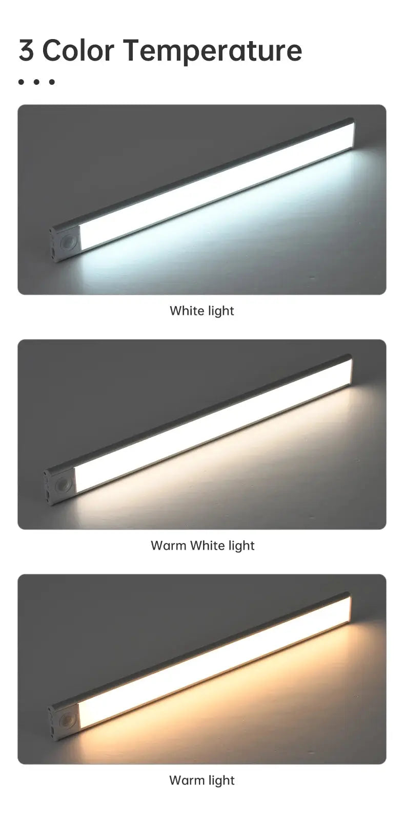 LED motion sensor under-cabinet light strip, wireless USB, with 3 color temperatures: white, warm white, warm