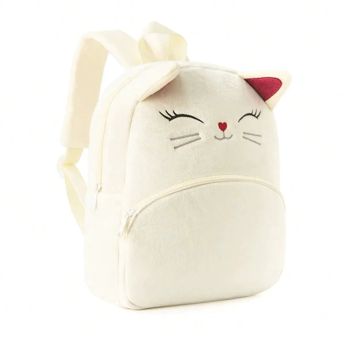 Kids' cream plush cat backpack with embroidered face and small zip pocket