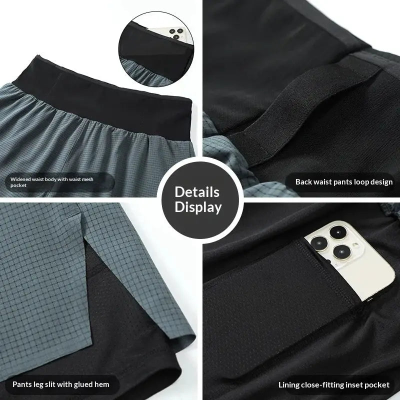 Men's summer running shorts by Simples Market; gray/black quick-dry fabric with back waist pocket and phone inset pocket.