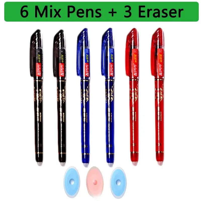 Kawaii erasable gel pen set with 6 pens in black blue red and 3 pastel erasers, Simples Market