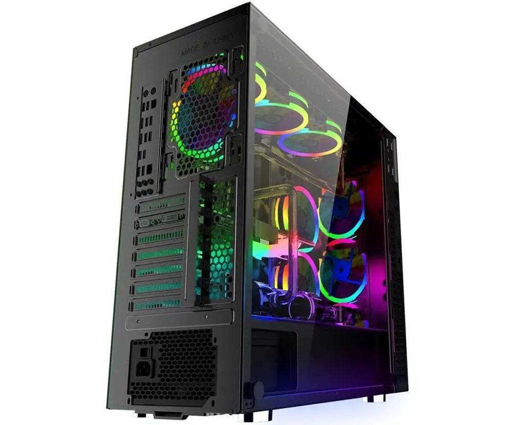 Computer case with transparent side panel and multiple RGB 120mm cooling fans