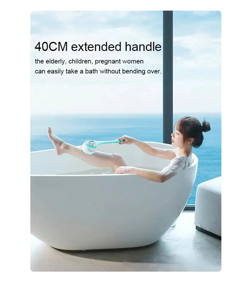 5-in-1 electric shower cleaning brush set with teal silicone head and 40 cm long handle for bath cleaning and massage