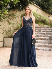 Navy Blue Spaghetti Straps A Line Evening Dress Appliques Prom Gown