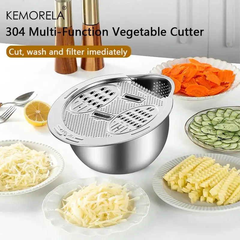 KEMORELA 2-In-1 Wash and Cut Vegetable Drain Bowl Stainless Steel 304 Rice Washing Bowl and Fruit and Vegetable Strainer