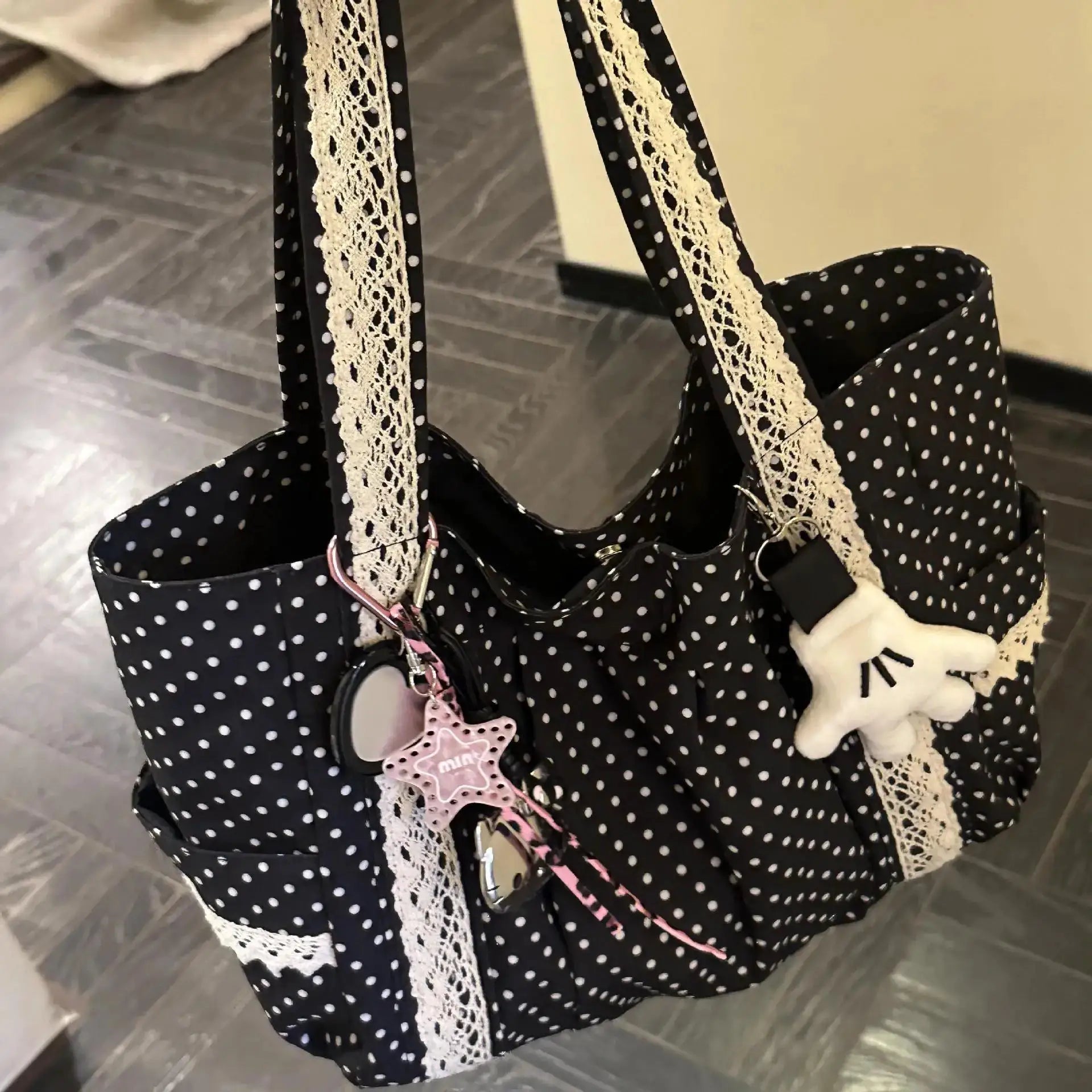 Korean vintage canvas shoulder bag, black polka-dot with beige lace straps, large-capacity handbag by Simples Market