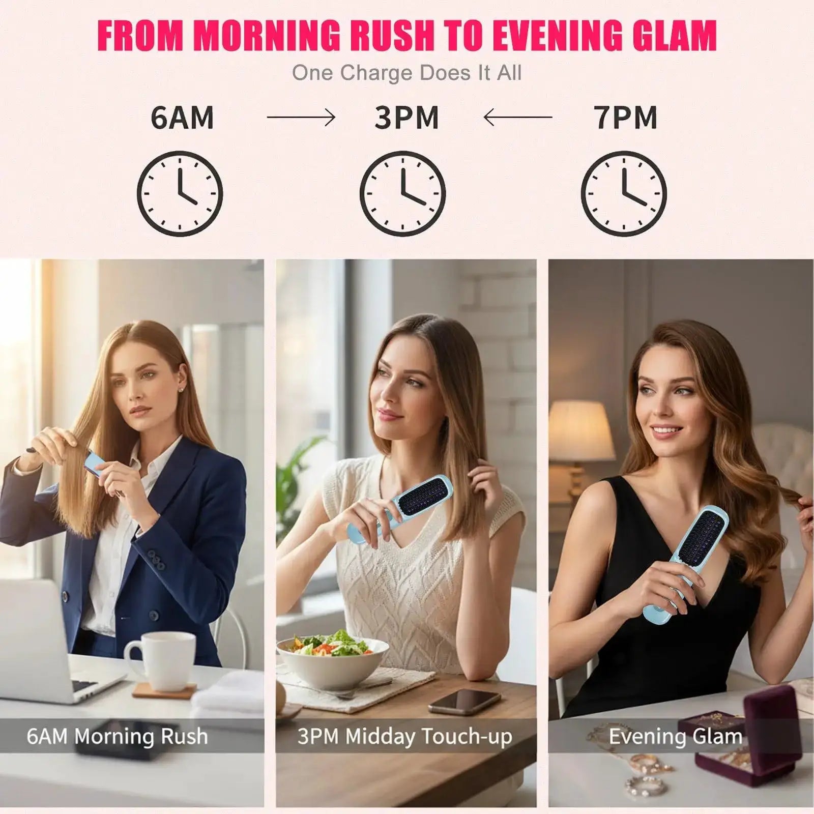 USB charging cordless hair straightener brush by Simples Market, blue with LED display, ceramic coating, ionic tech.