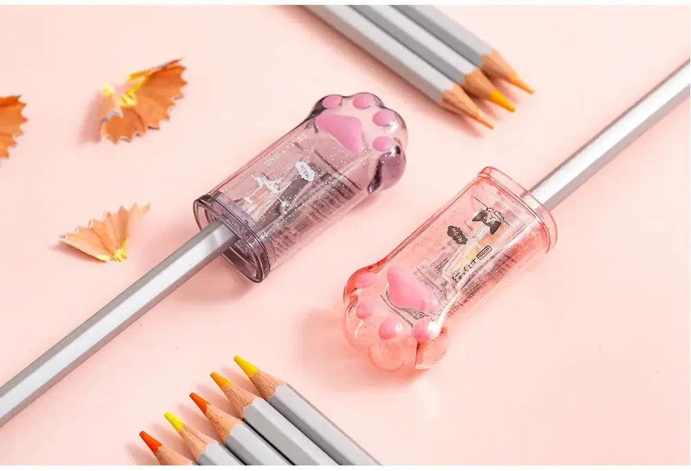 Simples Market Kawaii cat paw pencil sharpener set, pink and purple translucent plastic, 2 pcs