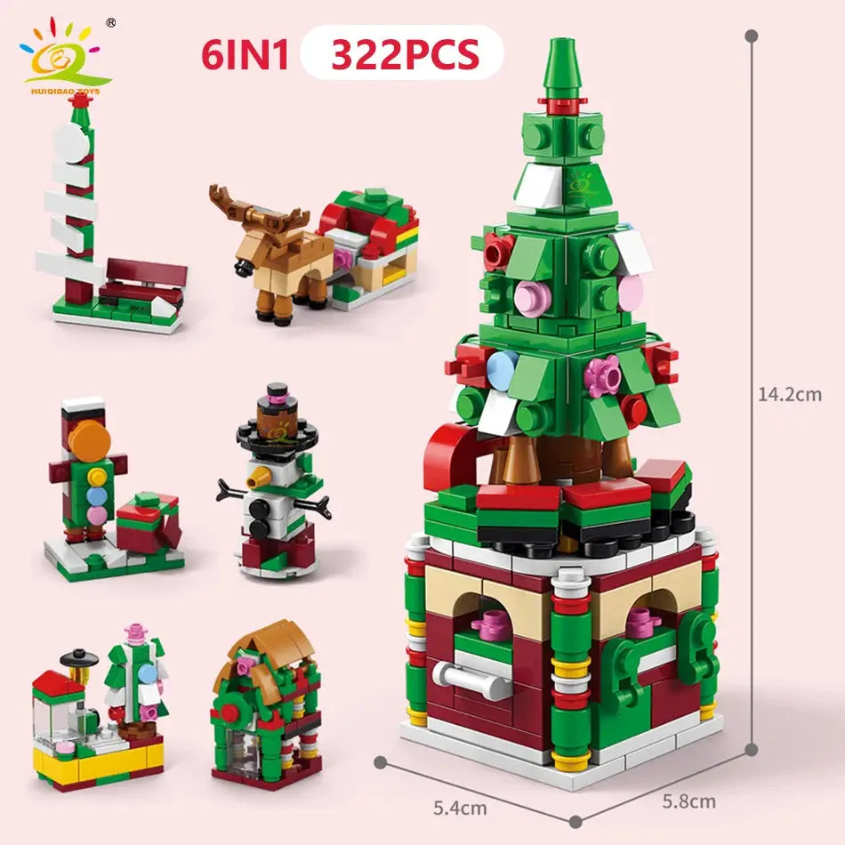 HUIQIBAO 6 In 1 Christmas Building Blocks Set Elk Deer Santa Claus Snow House Xmas Tree Bricks Toys for Children Gifts