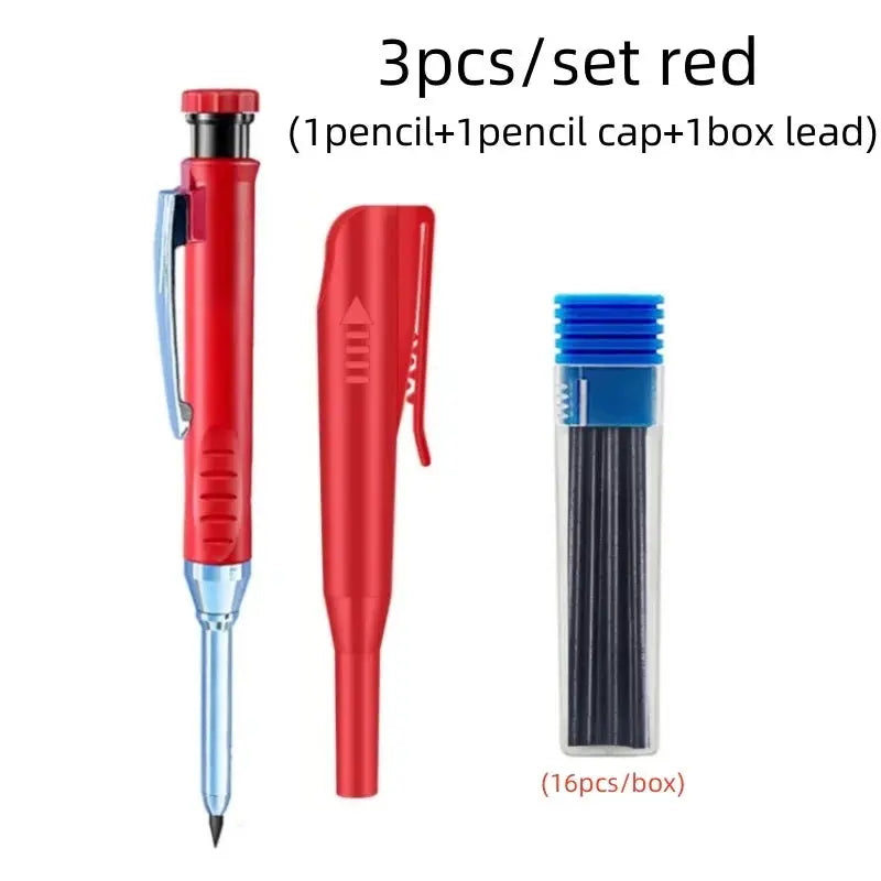 Simples Market red carpenter pencil set with 16 refills; 3-piece kit includes a pencil, cap, and lead box.