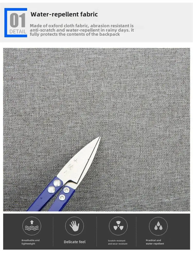 Blue-handled scissors on grey water-repellent fabric close-up texture