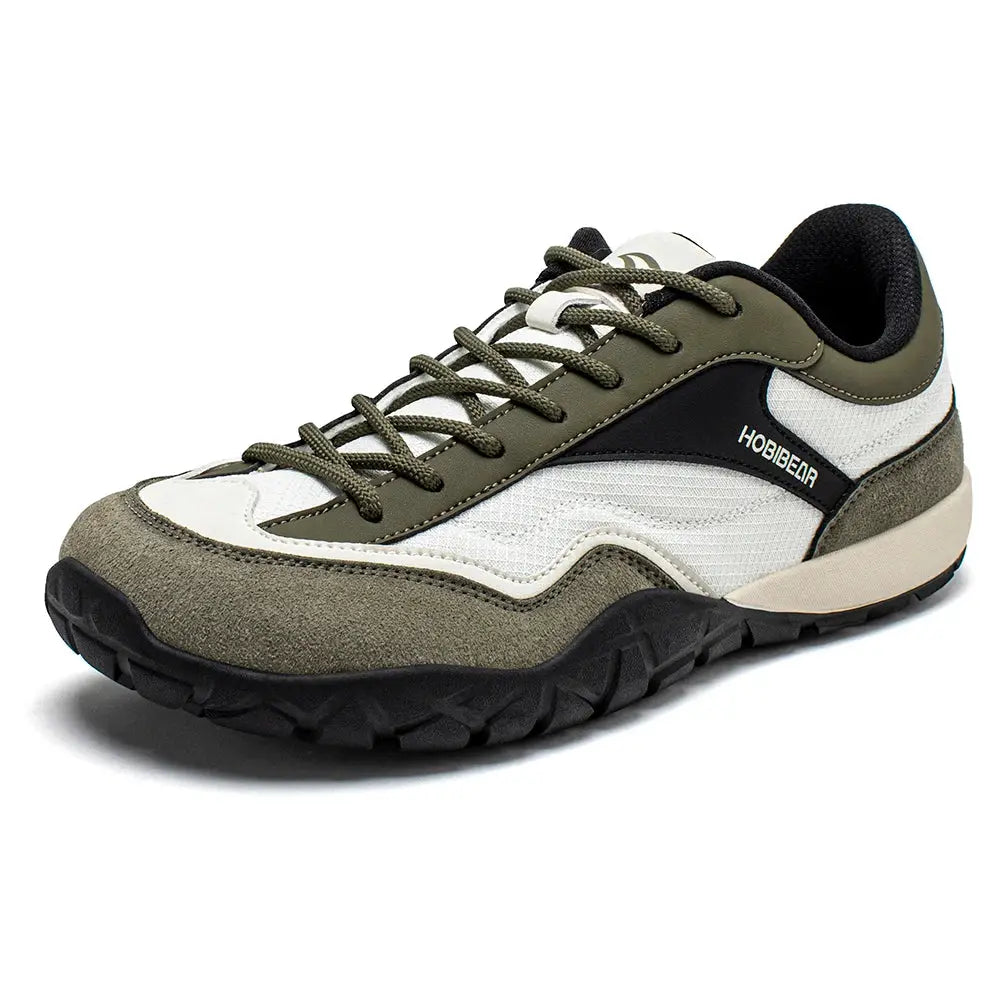 HOBIBEAR wide-width hiking shoe, unisex olive/white mesh upper with suede toe, lace-up, rugged sole