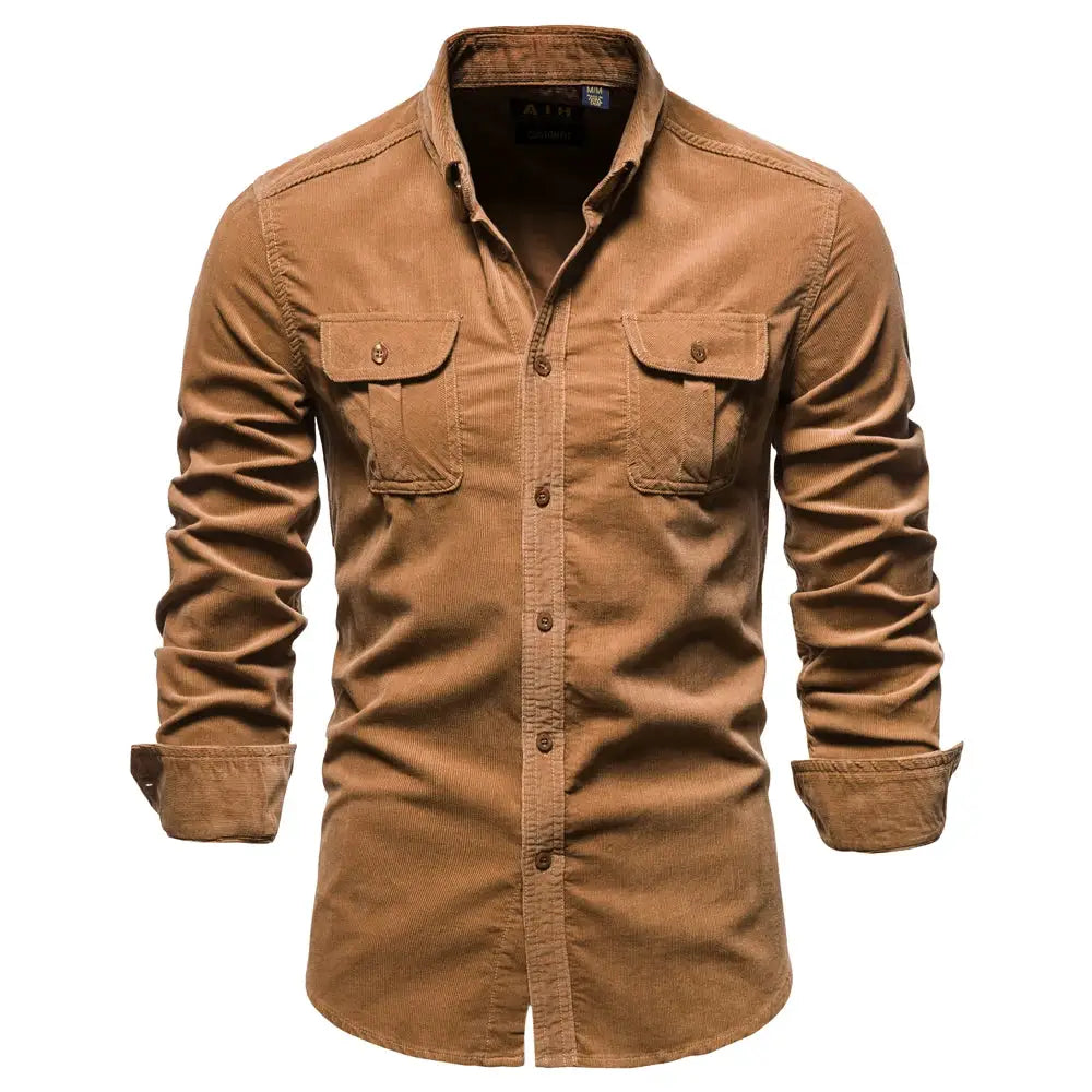 Men's brown 100% cotton corduroy shirt with two chest pockets and long sleeves.