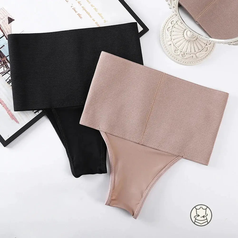 High-waist elastic tummy-control shapewear briefs set; breathable in black and nude (3 pieces)