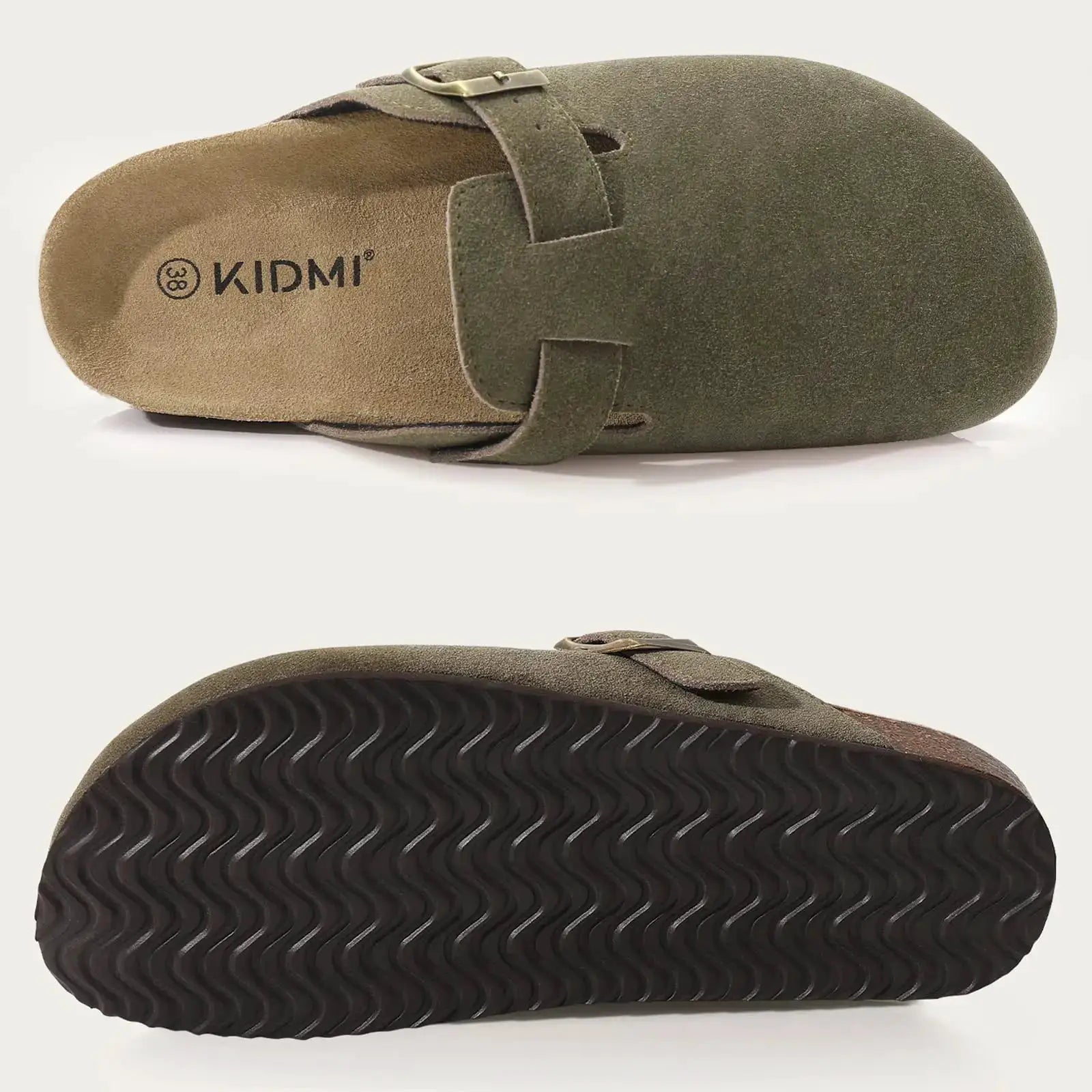 KIDMI olive-green suede clogs with cork footbed and adjustable strap
