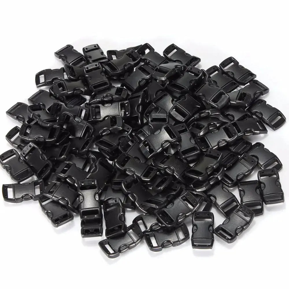 Bulk pack of black plastic side-release buckles for 10mm paracord bracelets, curved design, DIY accessories