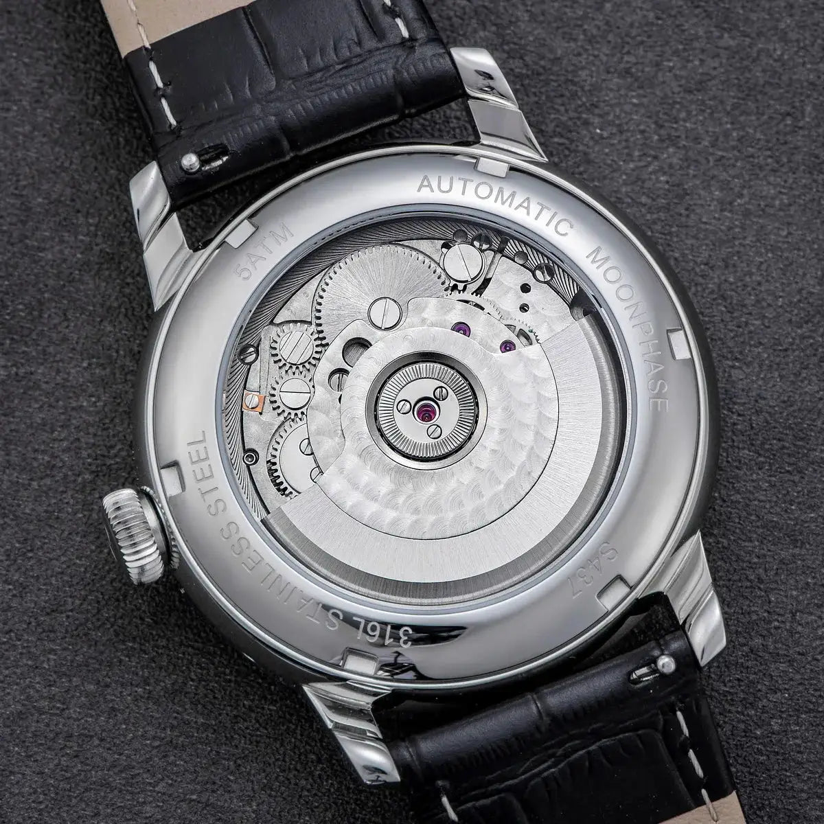 Sugess Moonphase men's watch, 40mm stainless steel case, see-through back showing Seagul ST2528 movement