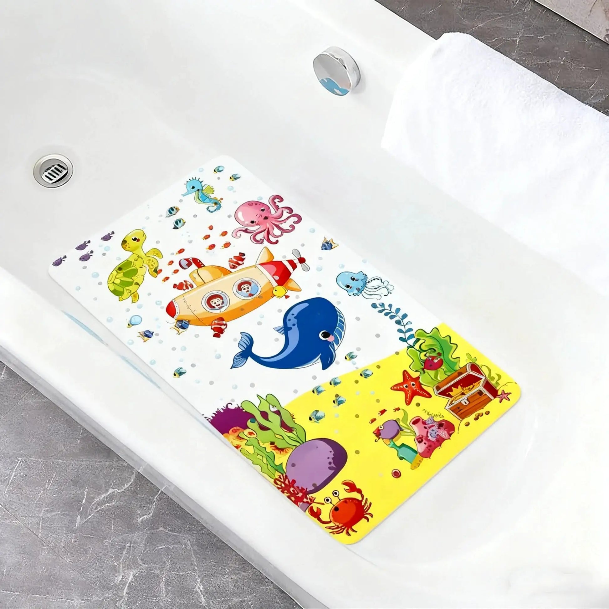 PVC non-slip bath mat with suction cups and drain holes; white bathroom mat