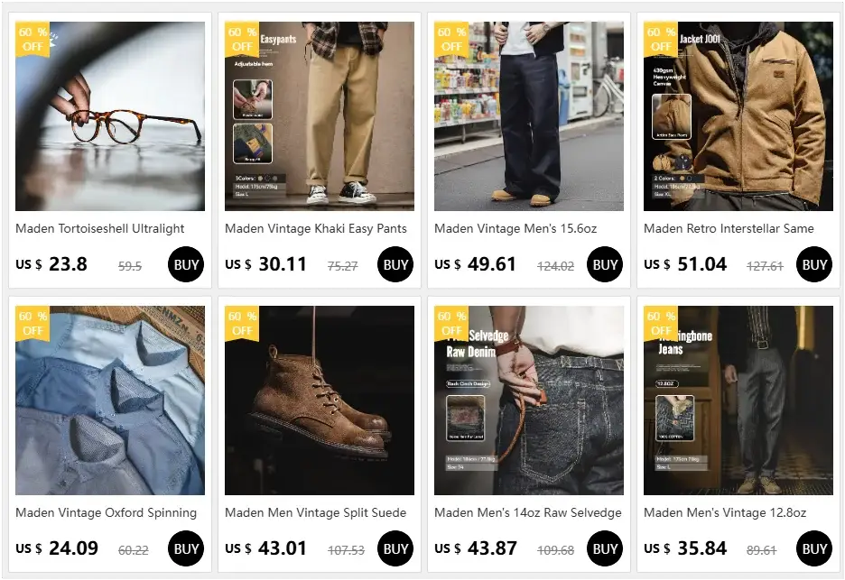 Maden apparel collection by Simples Market; 9 items including retro selvedge raw denim jeans, jackets, and pants.