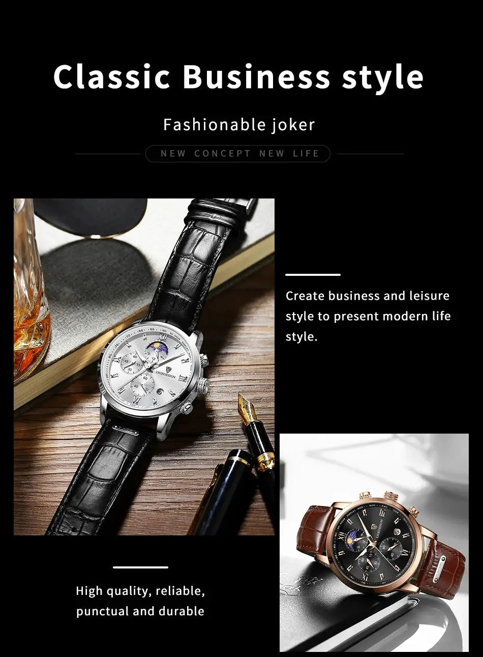 LIGE men's wristwatch with black leather strap and silver case; chronograph style, two watches shown.