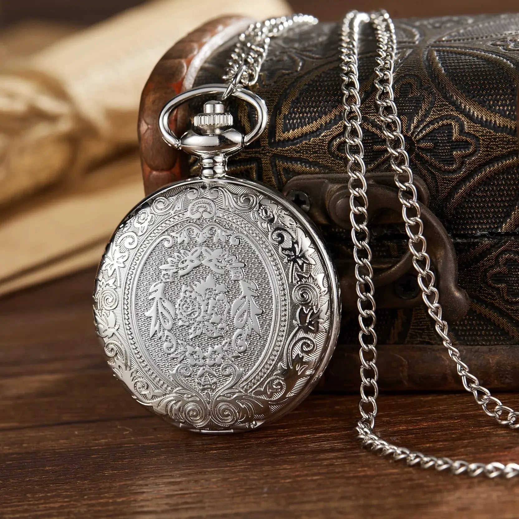 HeritageTime Carved Flip Cover Pocket Watch Necklace Quartz Movement Unisex Gift For Men And Women