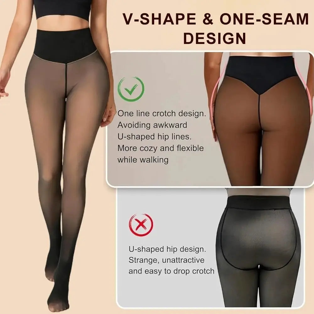 One seam fleece-lined tights by Simples Market, black sheer warm shaping pantyhose for plus size