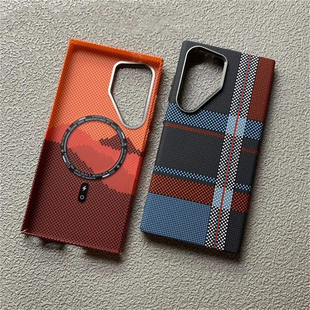 Two Magsafe cases for Samsung Galaxy S26/S25/S24; orange Kevlar pattern and black plaid carbon fiber with magnetic ring.