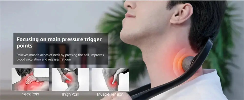 Neck massager by Simples Market, Shiatsu deep tissue with ergonomic handle, black with orange nodes