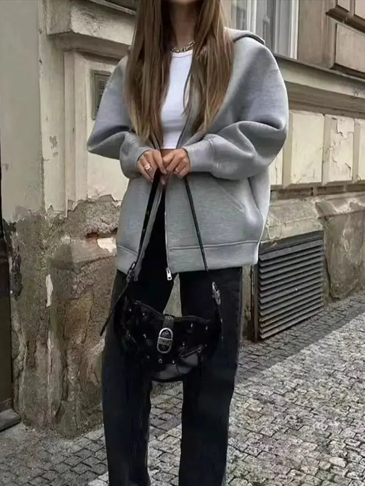 Autumn Gray Hooded Jacket For Women With Big Pockets And Zipper Closure Relaxed Casual Fit For Everyday Comfort