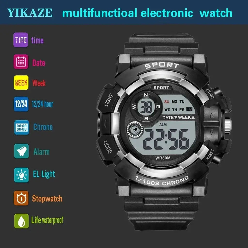 YIKAZE Digital Sports Watch For Men Women Kids Waterproof Luminous Display For Outdoor Activity