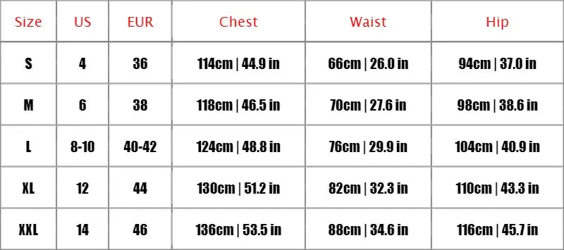 Women's jumpsuit size chart showing US/EU chest, waist and hip measurements S-XXL.