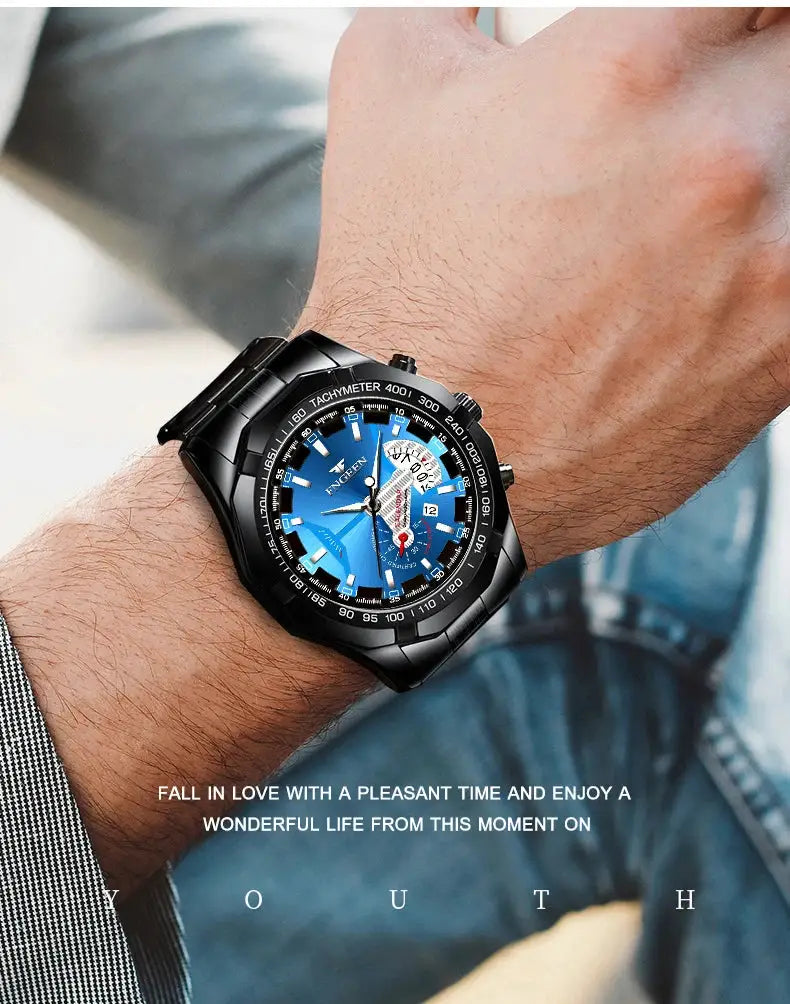 BINBOND Quartz men's wristwatch with black stainless steel band and blue dial, tachymeter bezel
