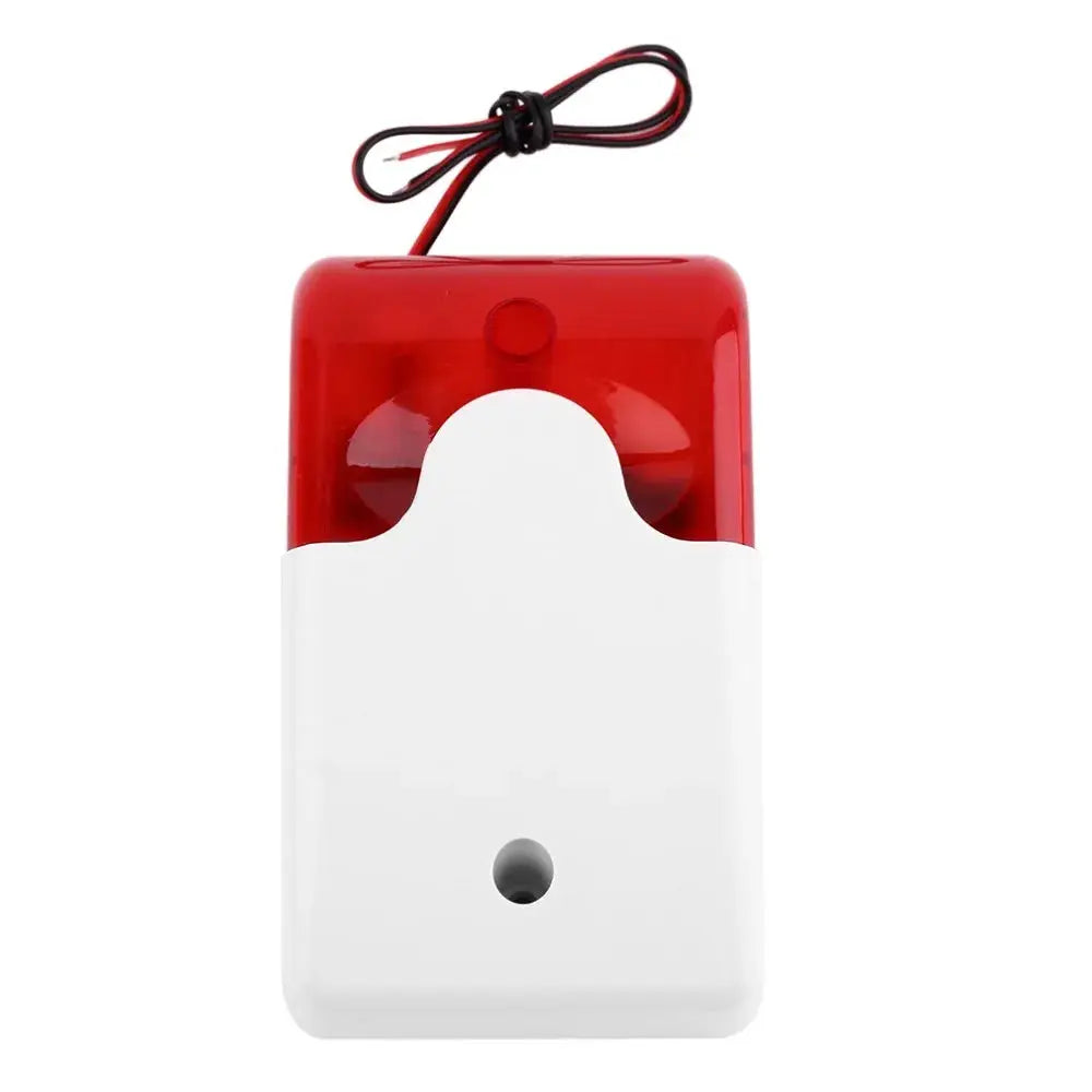 120dB wired LED strobe siren with red lens and white housing for home security system