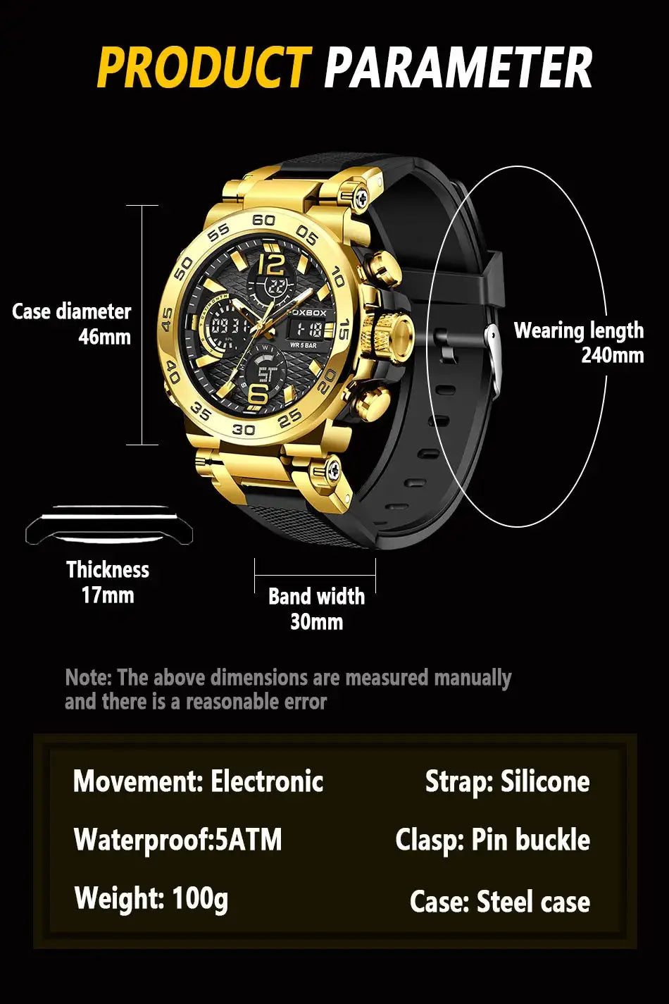 FOXBOX men's luxury chronograph watch with gold steel case and black silicone strap, 46mm case, 5ATM water resistance.