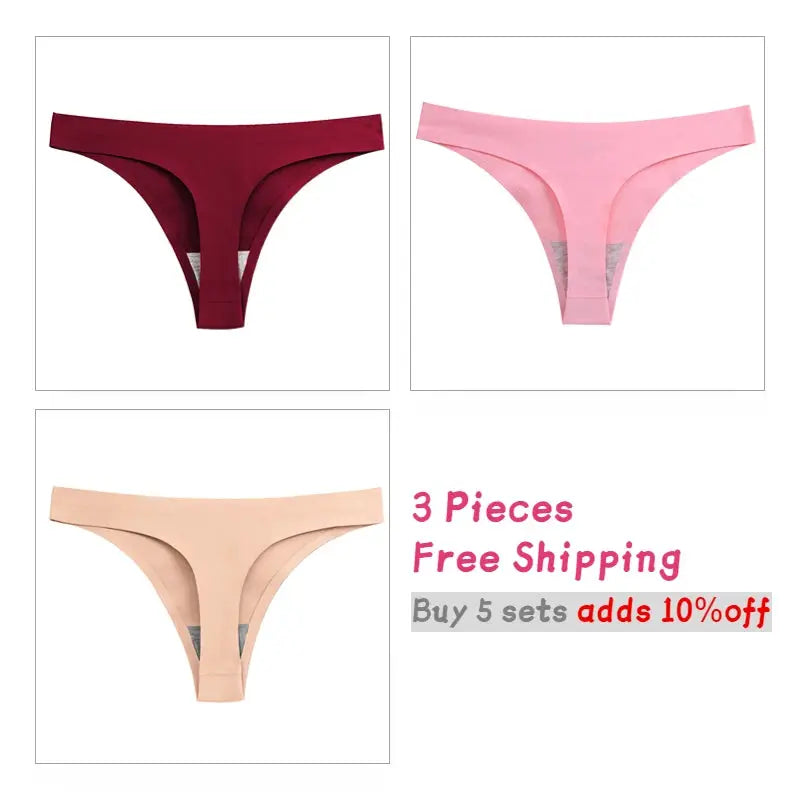 WarmSteps 3-piece seamless thong set for women sizes S-XXXL in burgundy, pink, and nude (low-rise G-strings) by Simples Market