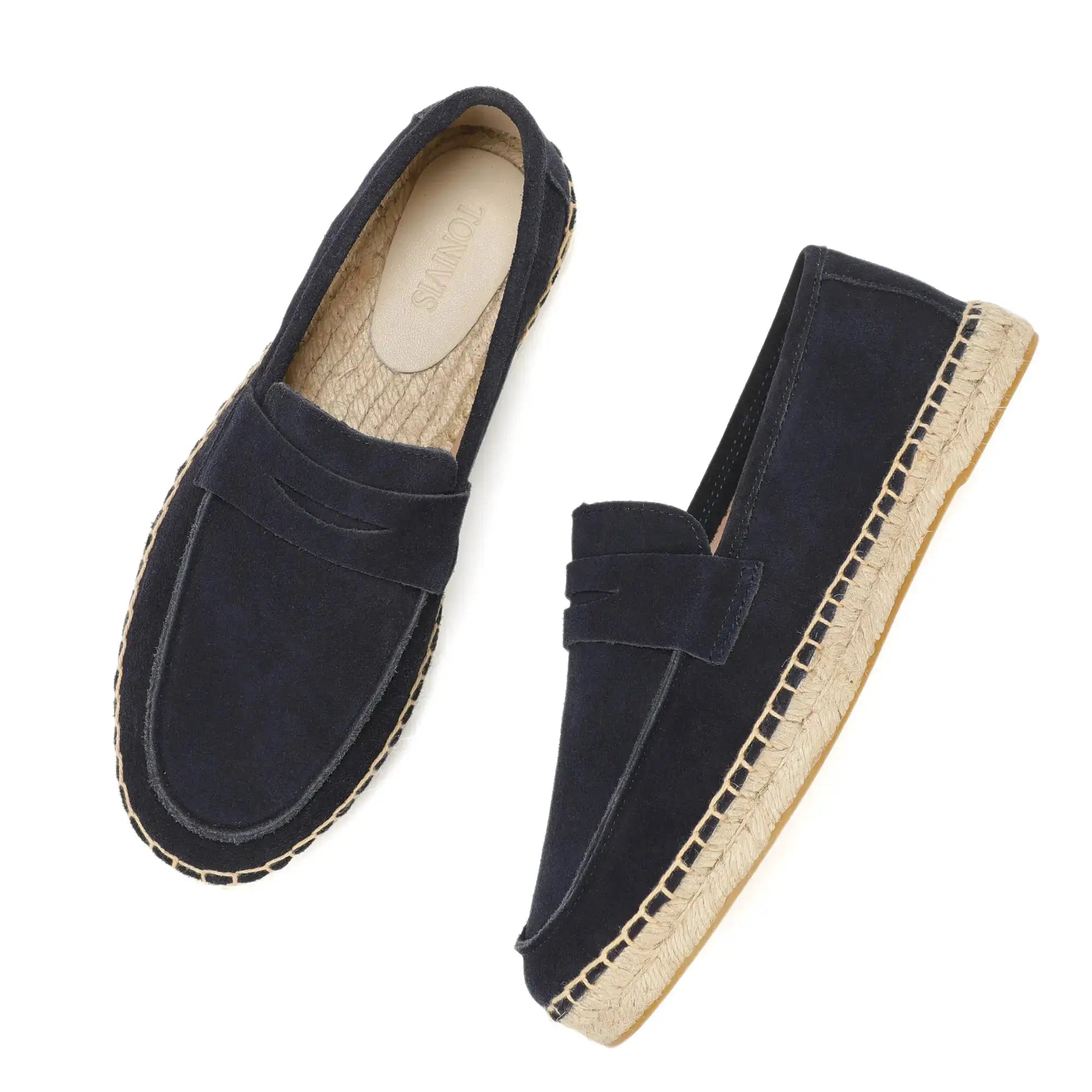 Men's navy suede espadrille loafers with natural jute sole (pair)