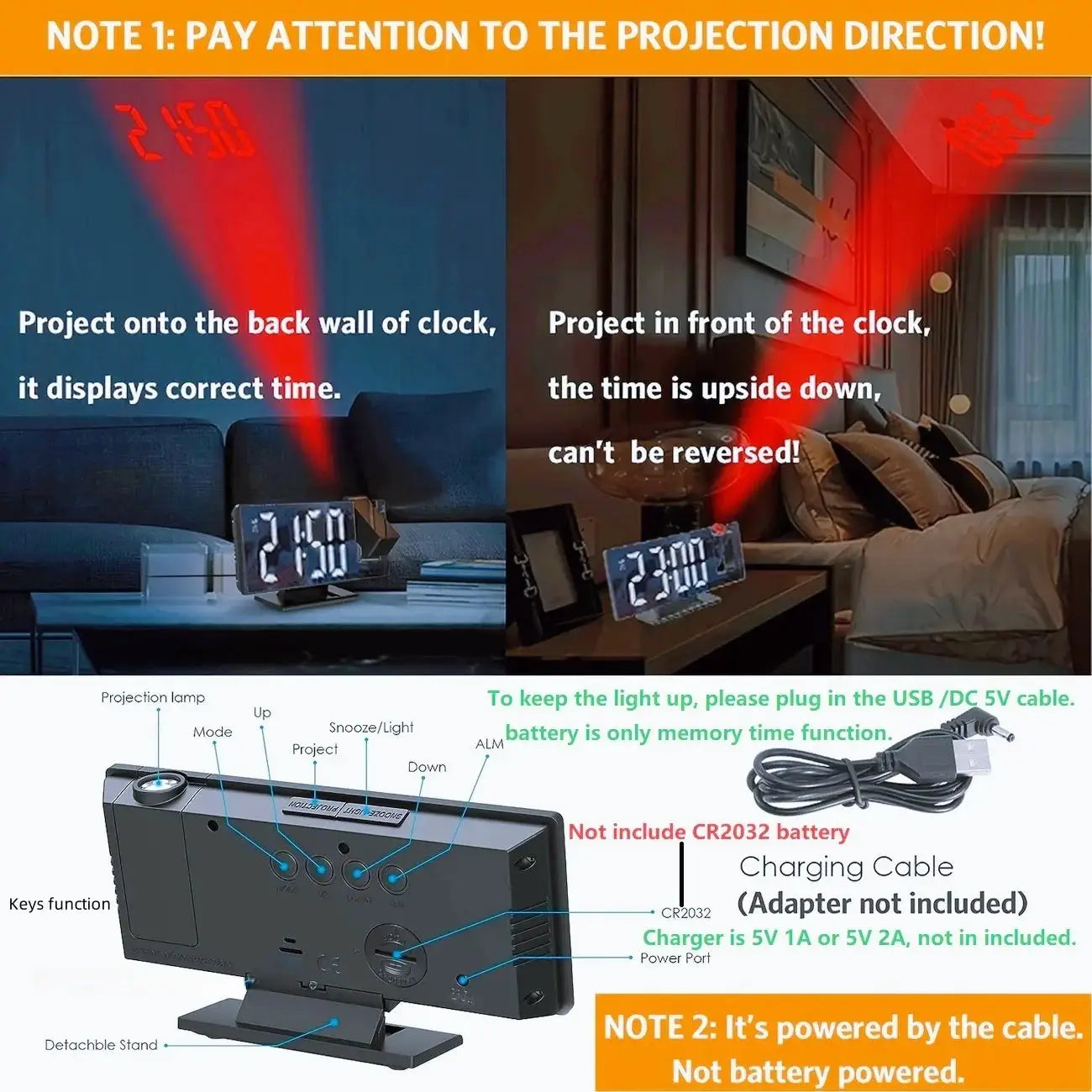 Projection alarm clock with large LED display and 180° wall/ceiling projection; black, Simples Market.