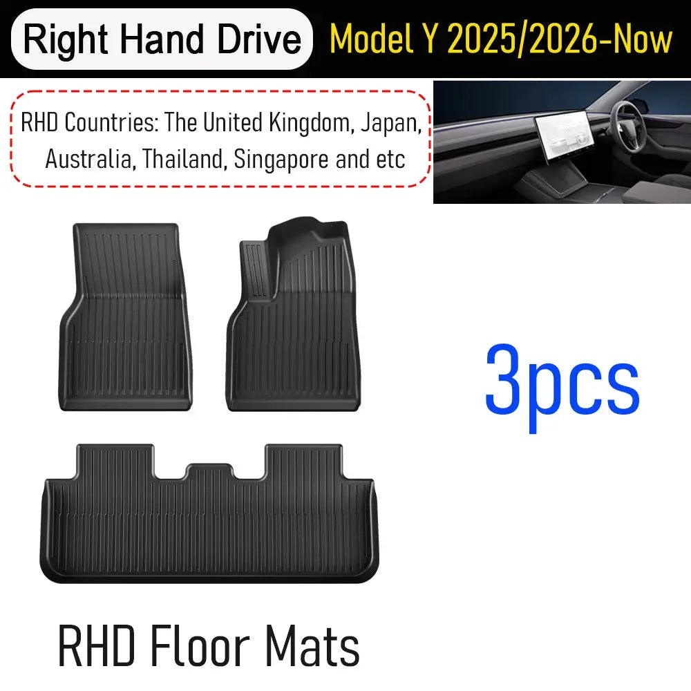 Simples Market RHD floor mats for Tesla Model Y 2025–2026; 3-piece black all-weather rubber mats (fronts + cargo)