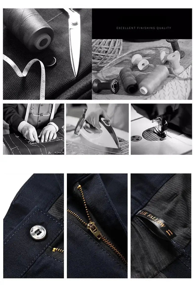 Men's office pants in dark navy cotton with high-waist straight-fit, zip fly and button.