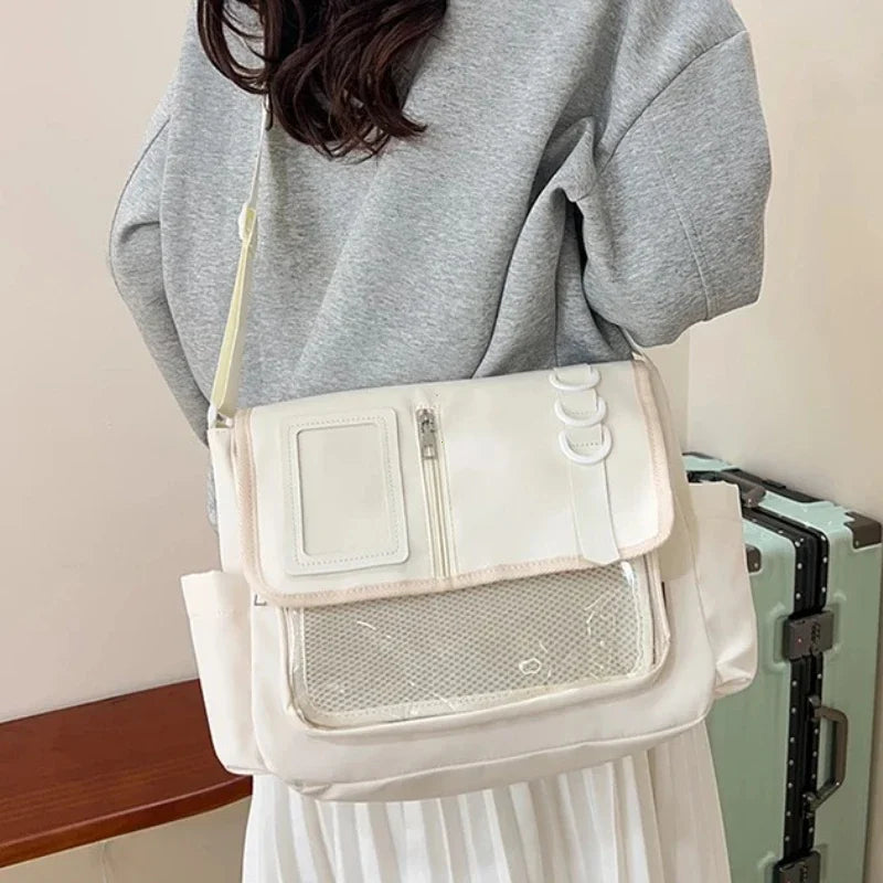 Simples Market white transparent Itabag with mesh front pocket and crossbody strap