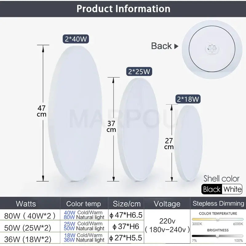 MARPOU smart ceiling lamp with remote dimmable LEDs, black/white shell, 3 sizes available