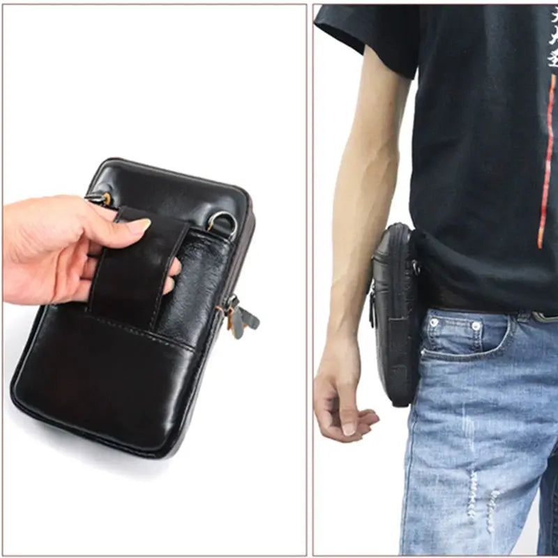 Men's black genuine leather waist pack by Simples Market with phone pouch