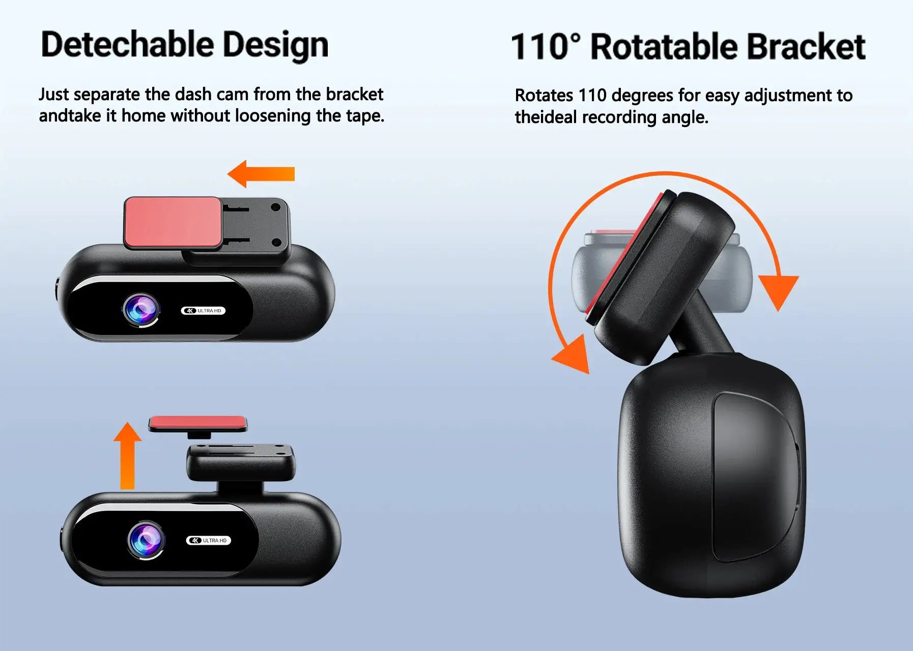Simples Market 4K dash cam for cars with front and rear recording, detachable design and 110° rotatable bracket